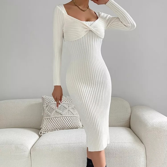 Square Neck Long Sleeve Ribbed Knit Midi Dress - Picture 15 of 15